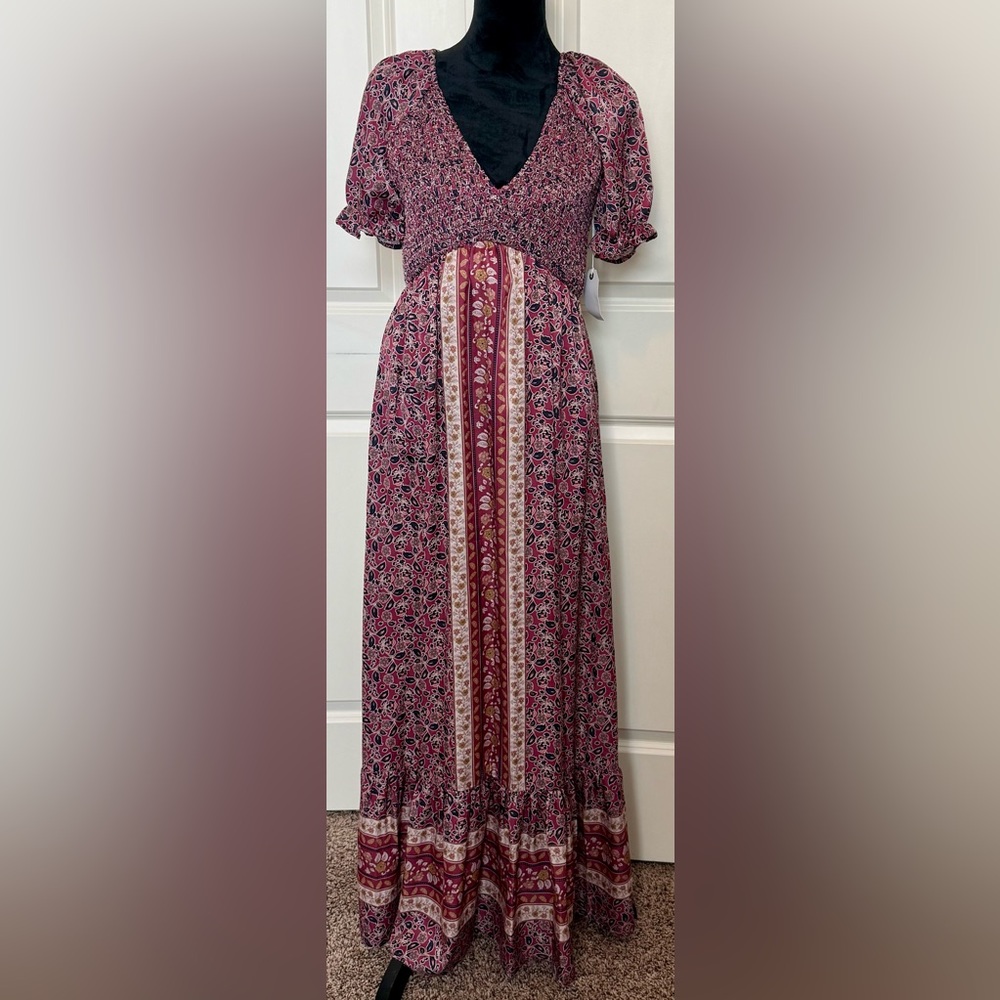 Nwt Floral Bohemian Maxi Dress- Maroon, Navy Blue And Pink